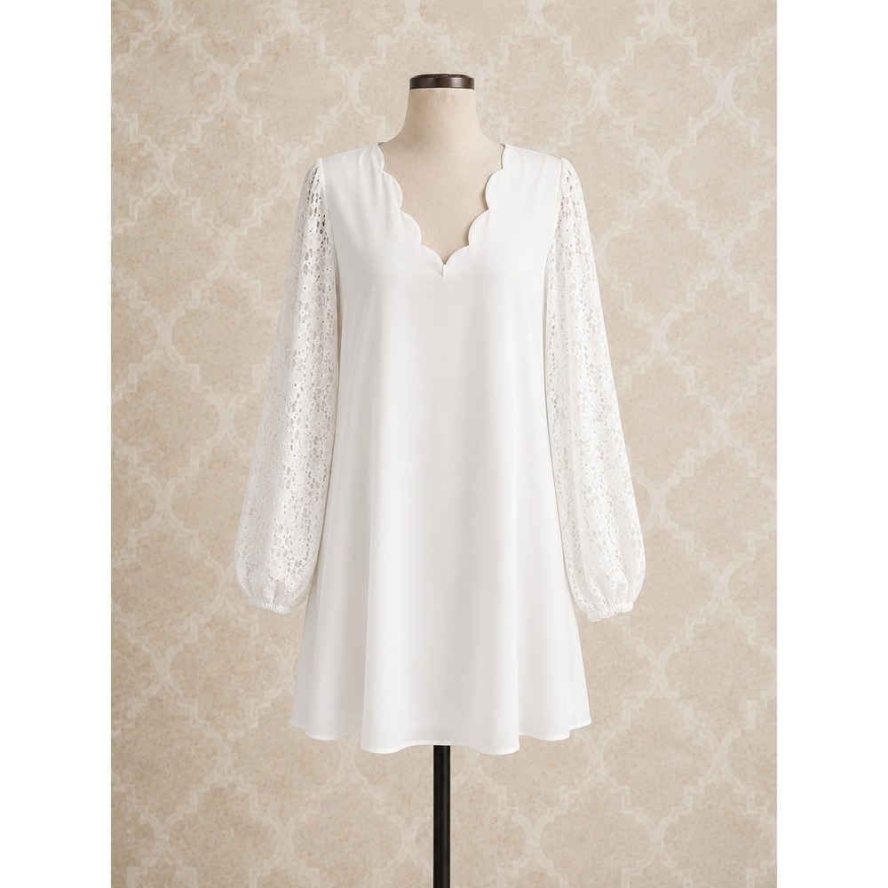 CupsheWhite Lace Sleeve Scalloped V-Neck Shift Mini Dress Large NWT